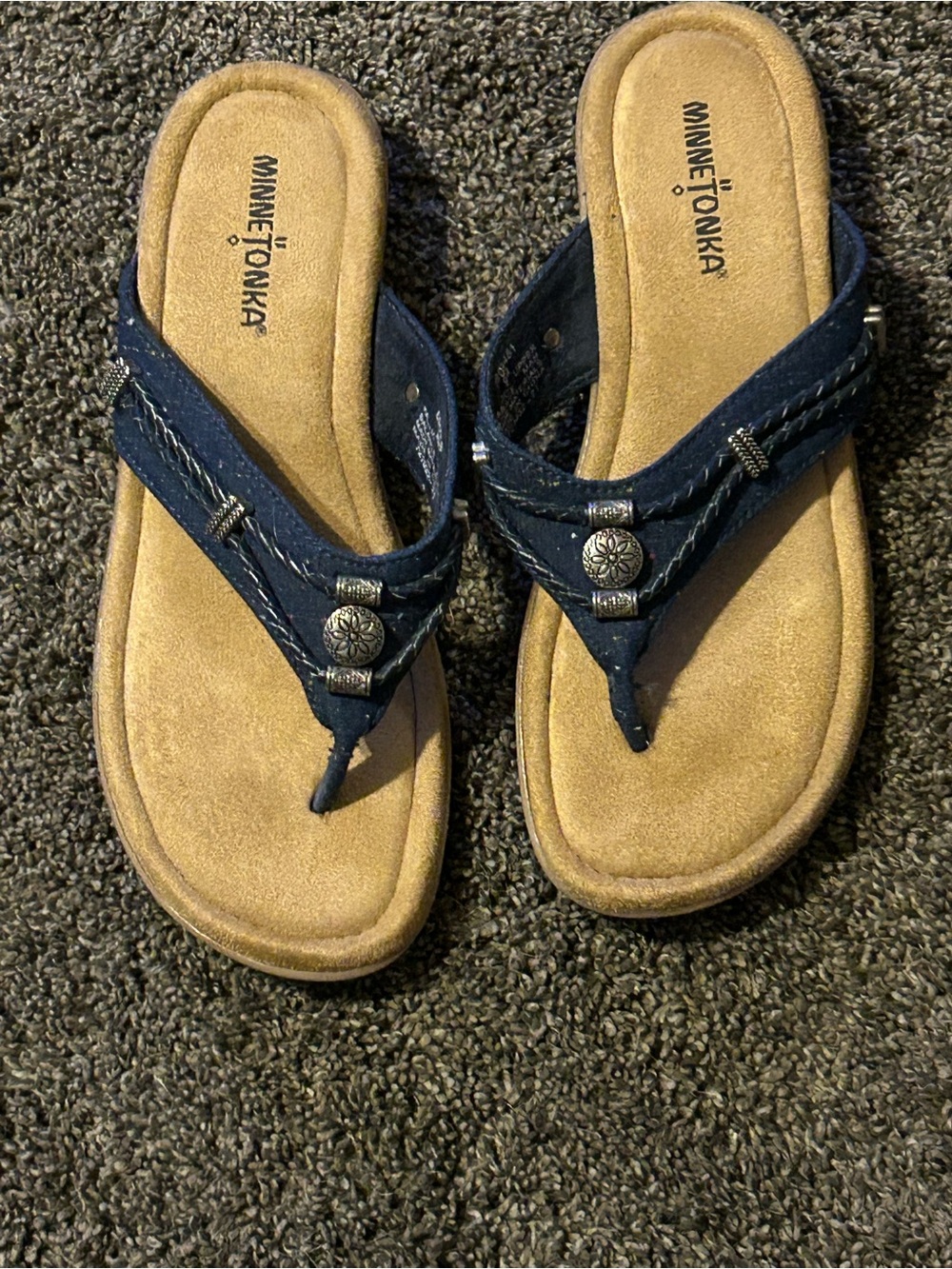 Minnetonka Navy Suede Beaded Thong Sandals